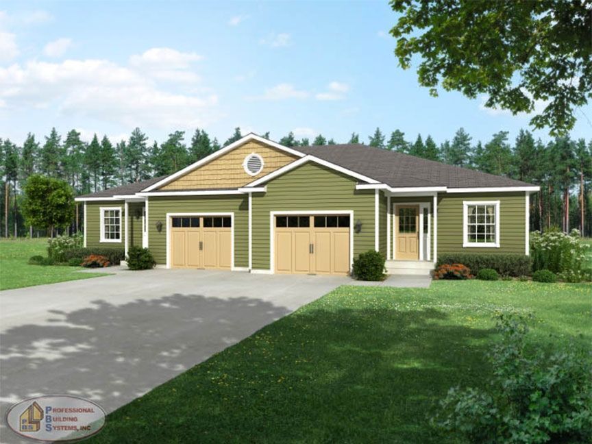 A rendering of a green house with two garage doors