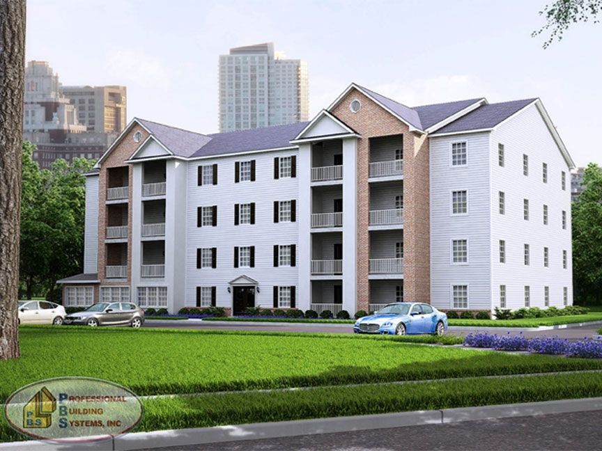 A large apartment building with a blue car parked in front of it
