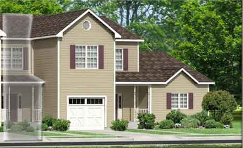 An artist 's impression of a house with a brown roof and red shutters.