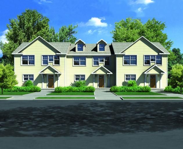 A rendering of a row of houses with trees in the background