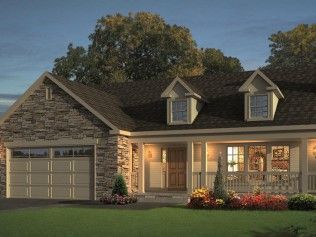 An artist 's impression of a house with a porch and a garage.