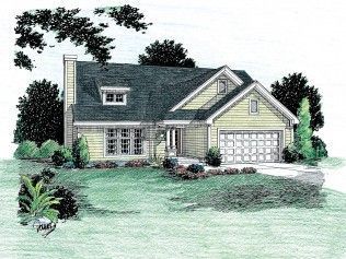 A drawing of a house with a garage and trees in the background.