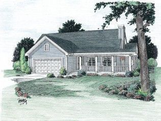 A drawing of a house with a porch and garage