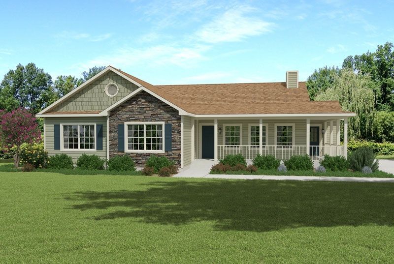 An artist 's impression of a house with a porch and a red roof.