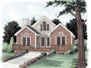 A drawing of a brick house with a tree in front of it