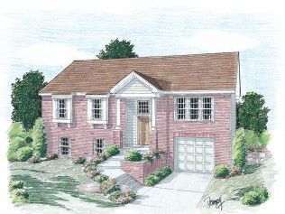 A drawing of a brick house with a brown roof