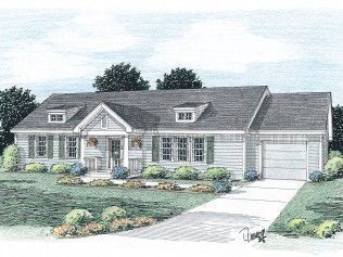 A drawing of a house with a garage and a driveway