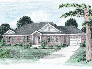 A drawing of a brick house with a tree in front of it