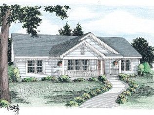 A drawing of a white house with a black roof