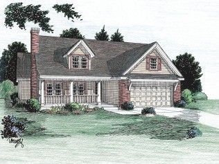 A drawing of a house with a porch and a garage.
