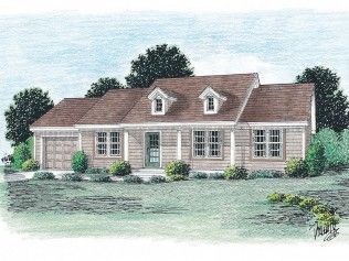 A drawing of a house with a red roof and a garage.