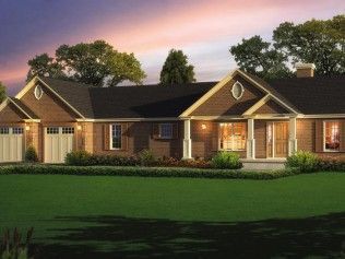 An artist 's impression of a brick house with two garages