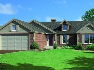 An artist 's impression of a brick house with a garage and a large lawn.
