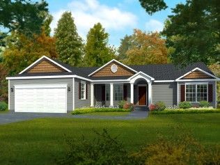 A rendering of a house with a garage and a porch