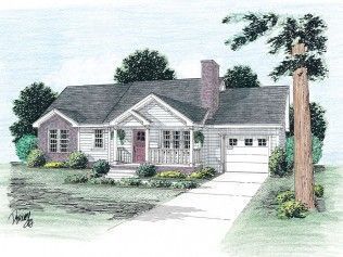 A drawing of a house with a tree in front of it.