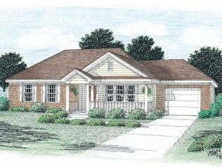 A drawing of a brick house with a brown roof and a garage.