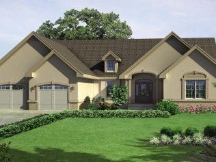 An artist 's impression of a house with a large lawn in front of it