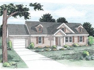 A drawing of a house with a garage and a tree in front of it.