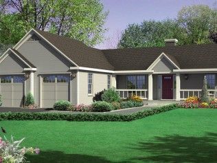 A rendering of a house with a large lawn in front of it