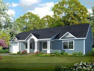 A blue house with a black roof and white trim