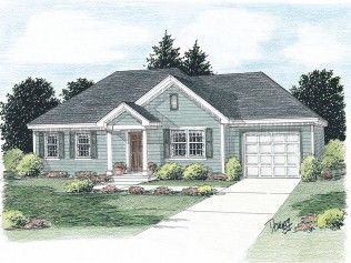 A drawing of a house with a garage and a driveway.