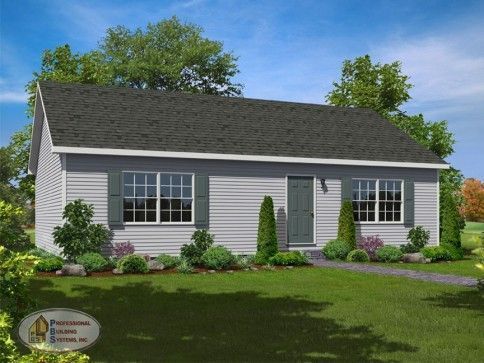 A small white house with a black roof and green shutters