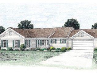 A drawing of a white house with a brown roof and a garage.