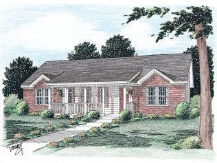 A drawing of a brick house with a tree in front of it