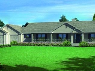 An artist 's impression of a house with a large lawn in front of it.