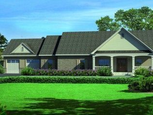 An artist 's impression of a house with a large lawn in front of it.