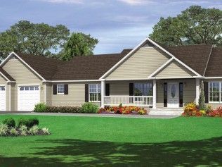 An artist 's impression of a house with two garages and a porch.