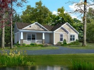 A small house with a porch and a pond in front of it.