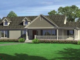 An artist 's impression of a house with a large porch.