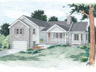 A drawing of a house with a tree in front of it.