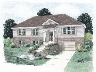 A drawing of a house with a brown roof and a garage.