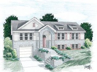 A drawing of a house with a garage and trees in the background.