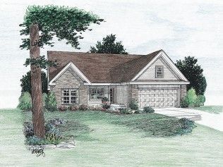 A drawing of a house with a tree in front of it.
