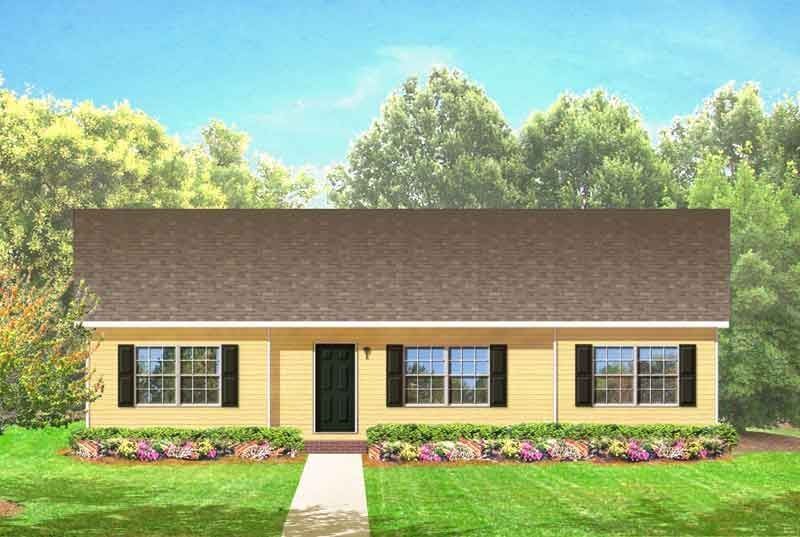 A yellow house with a brown roof and black shutters