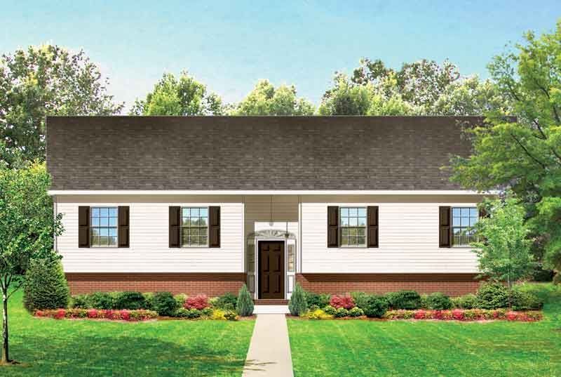 An artist 's impression of a house with a brown roof and white siding.