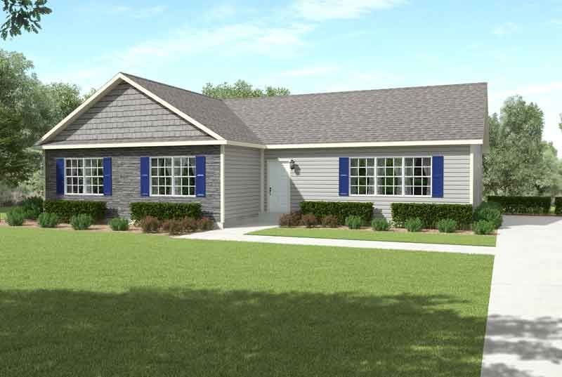 An artist 's impression of a house with blue shutters and a driveway.