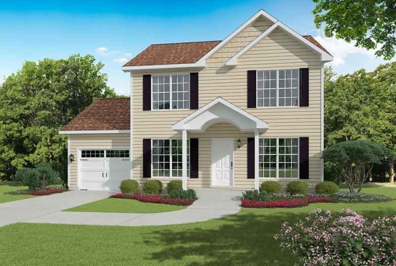 An artist 's impression of a house with a brown roof and black shutters.