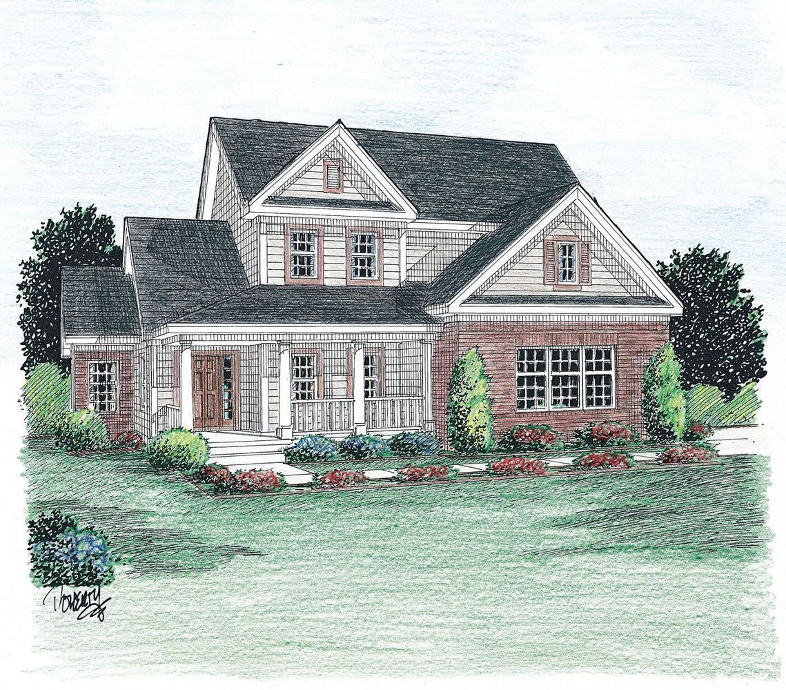 A drawing of a brick house with a large porch
