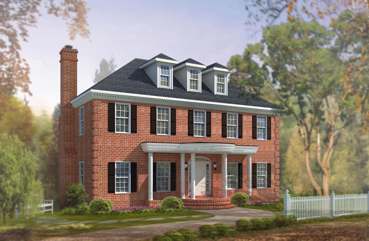 An artist 's impression of a brick house with black shutters