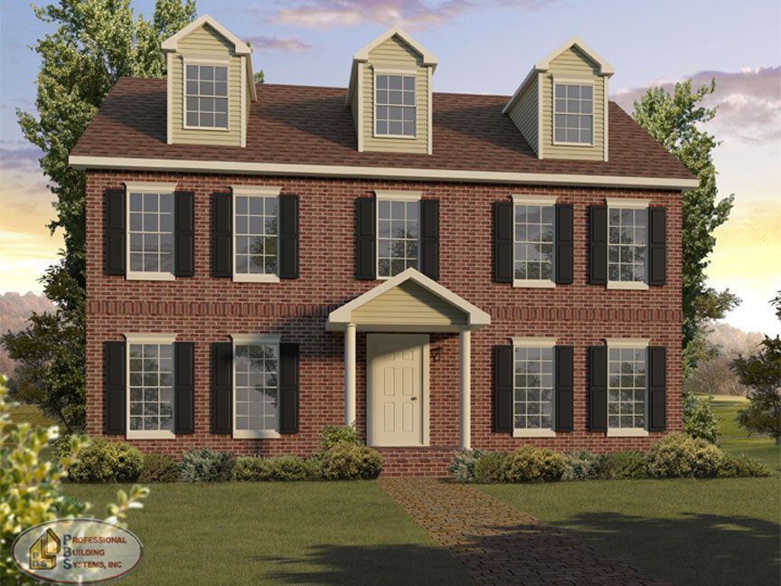 An artist 's impression of a brick house with black shutters