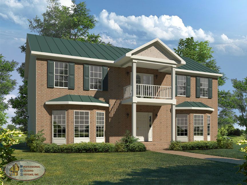 A large brick house with a green roof and white shutters