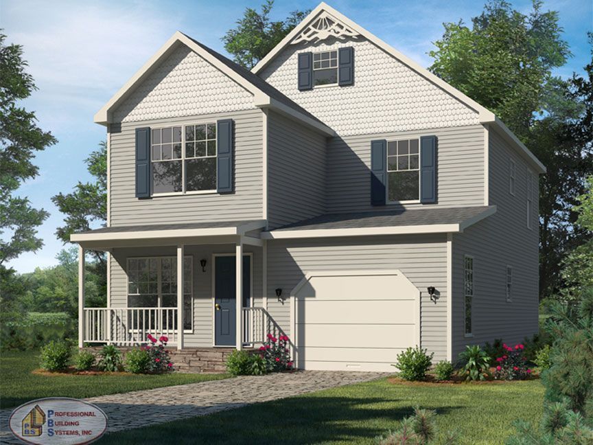 An artist 's impression of a house with a porch and a garage