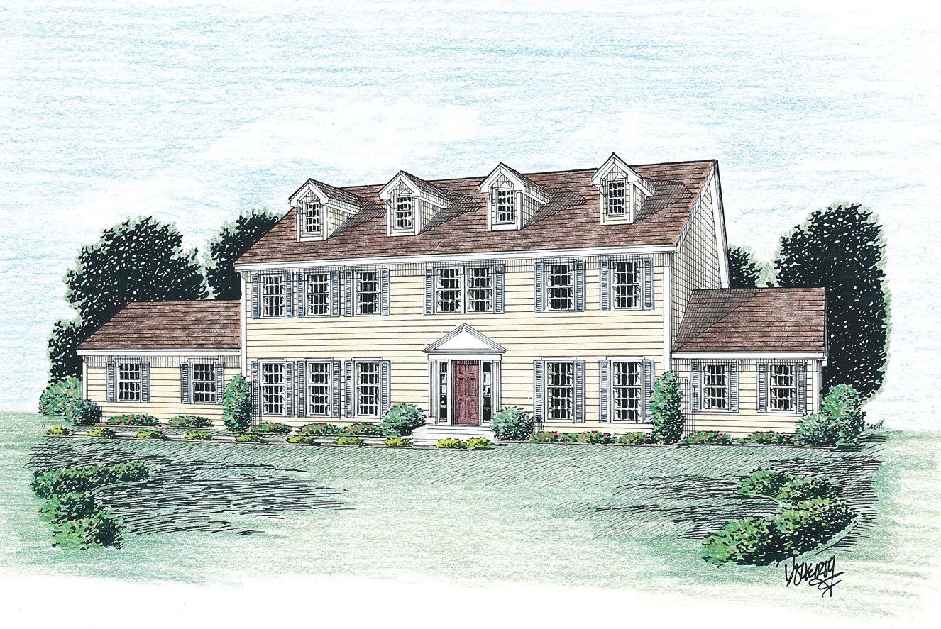 A drawing of a large house with a red door