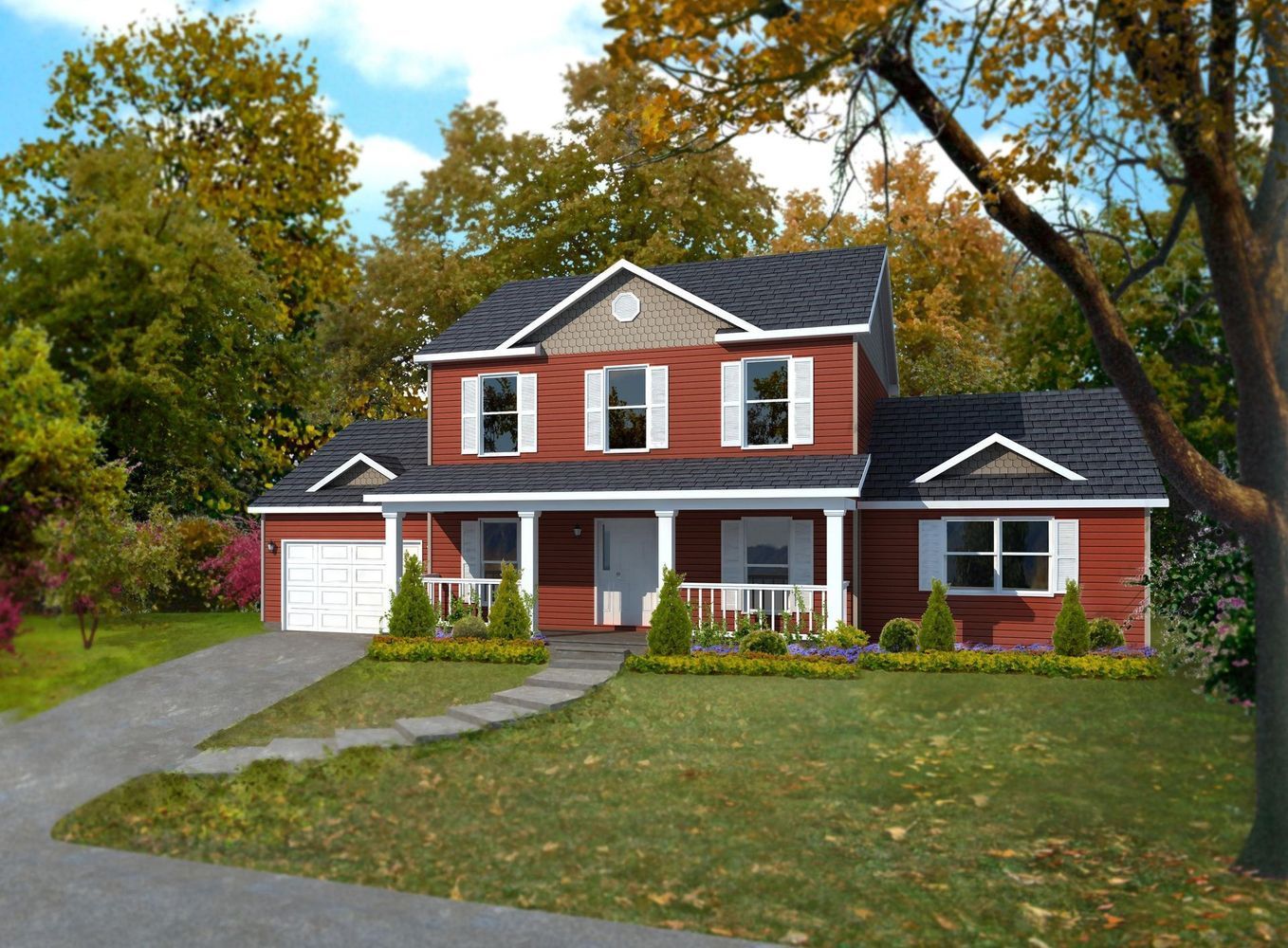 A large red house with a black roof and white shutters