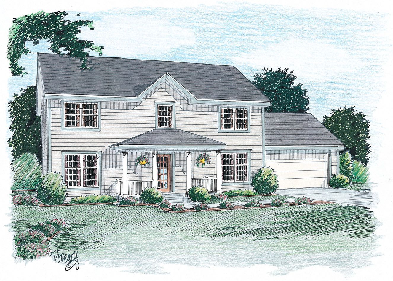 A drawing of a white house with a gray roof