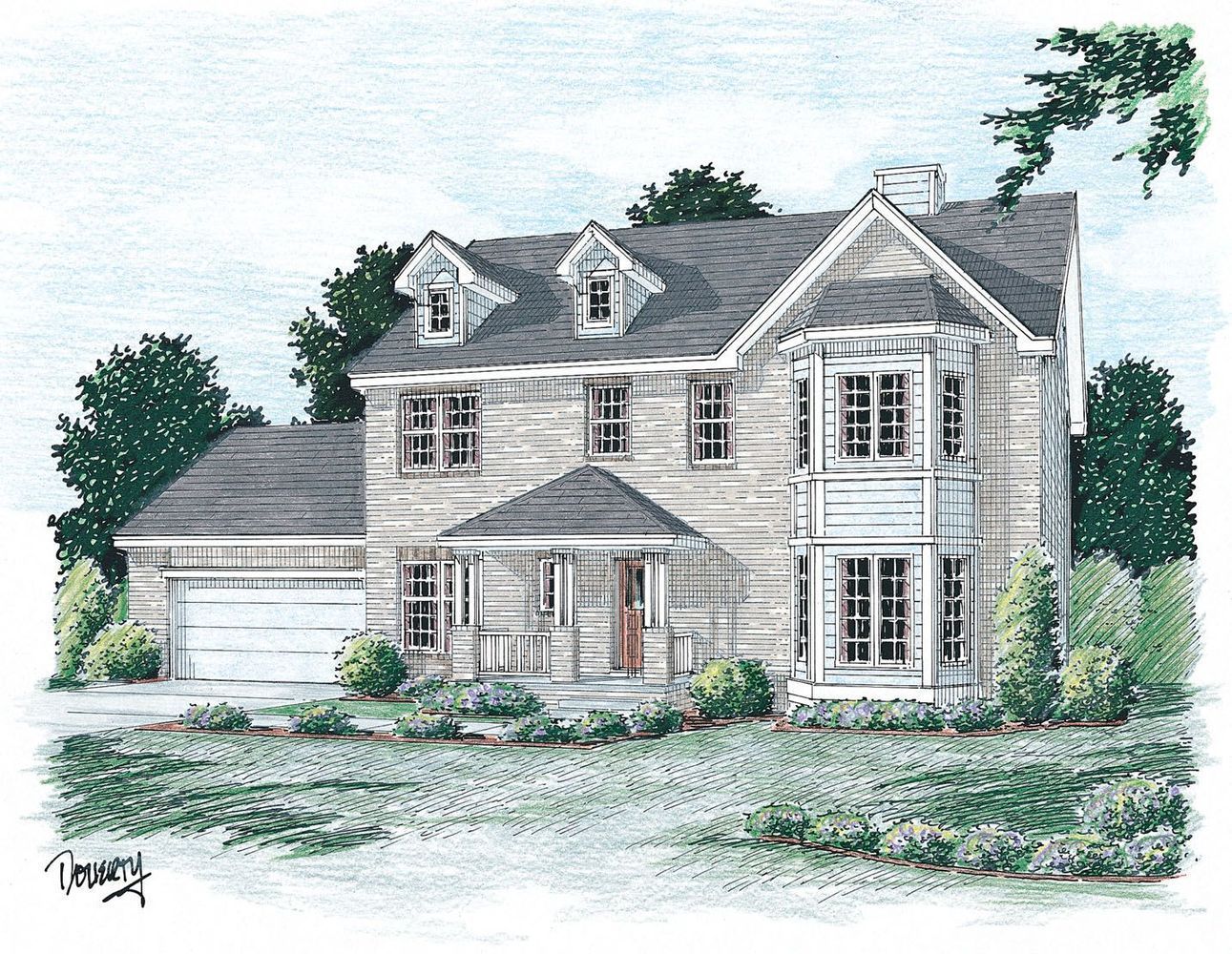 A drawing of a large house with a gray roof